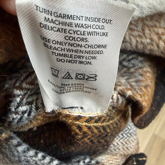 Unisex Plaid Shacket Oversized Button Up Shirt Jacket Brown Cream XL Cozy Rustic - Picture 8 of 9